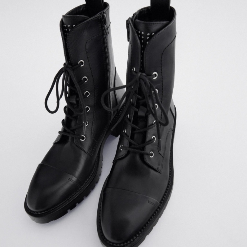 Zara black studded low heel leather ankle boots